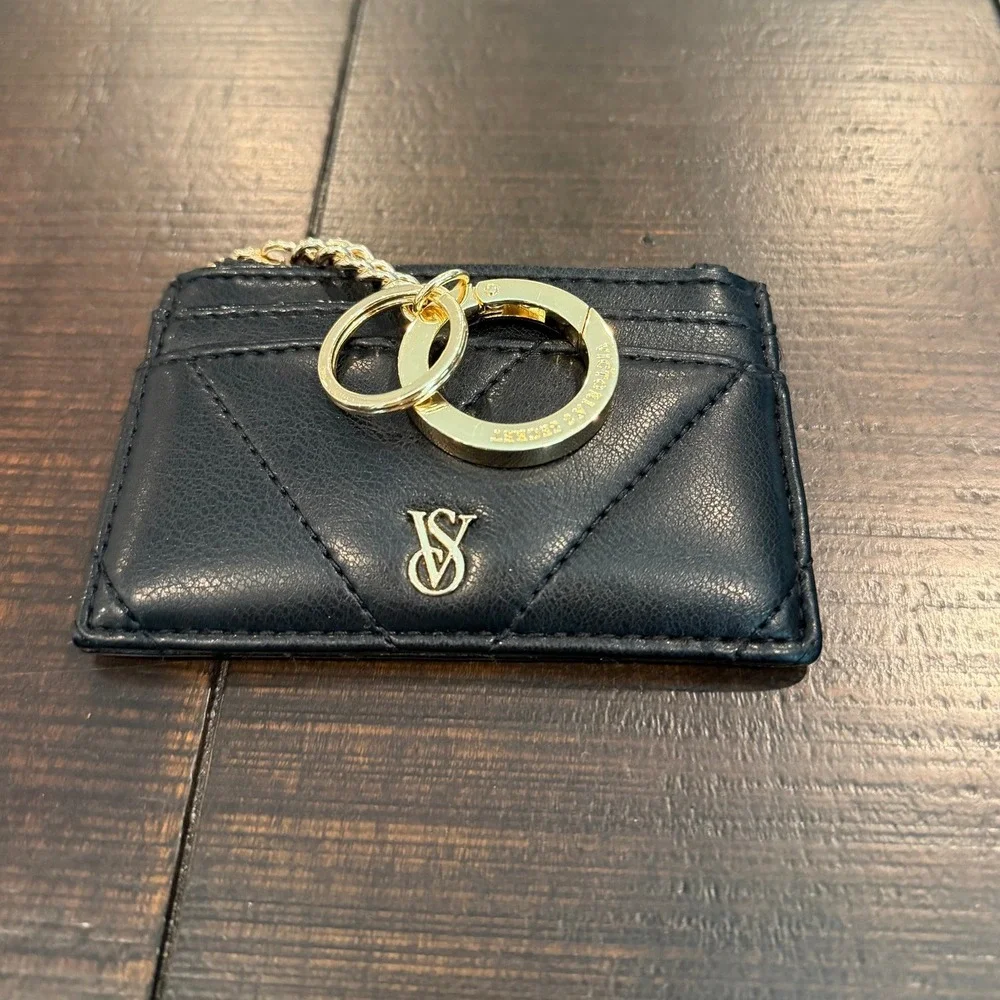 Victorias Secret Black Quilted V-Stitch Card Case Keychain Gold Hardware NWOT